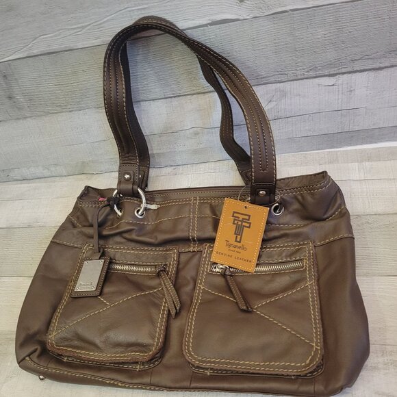 Tignanello Genuine Leather Cargo Pocket Tote Bag Clay Large Handbag With Striped - Picture 1 of 10
